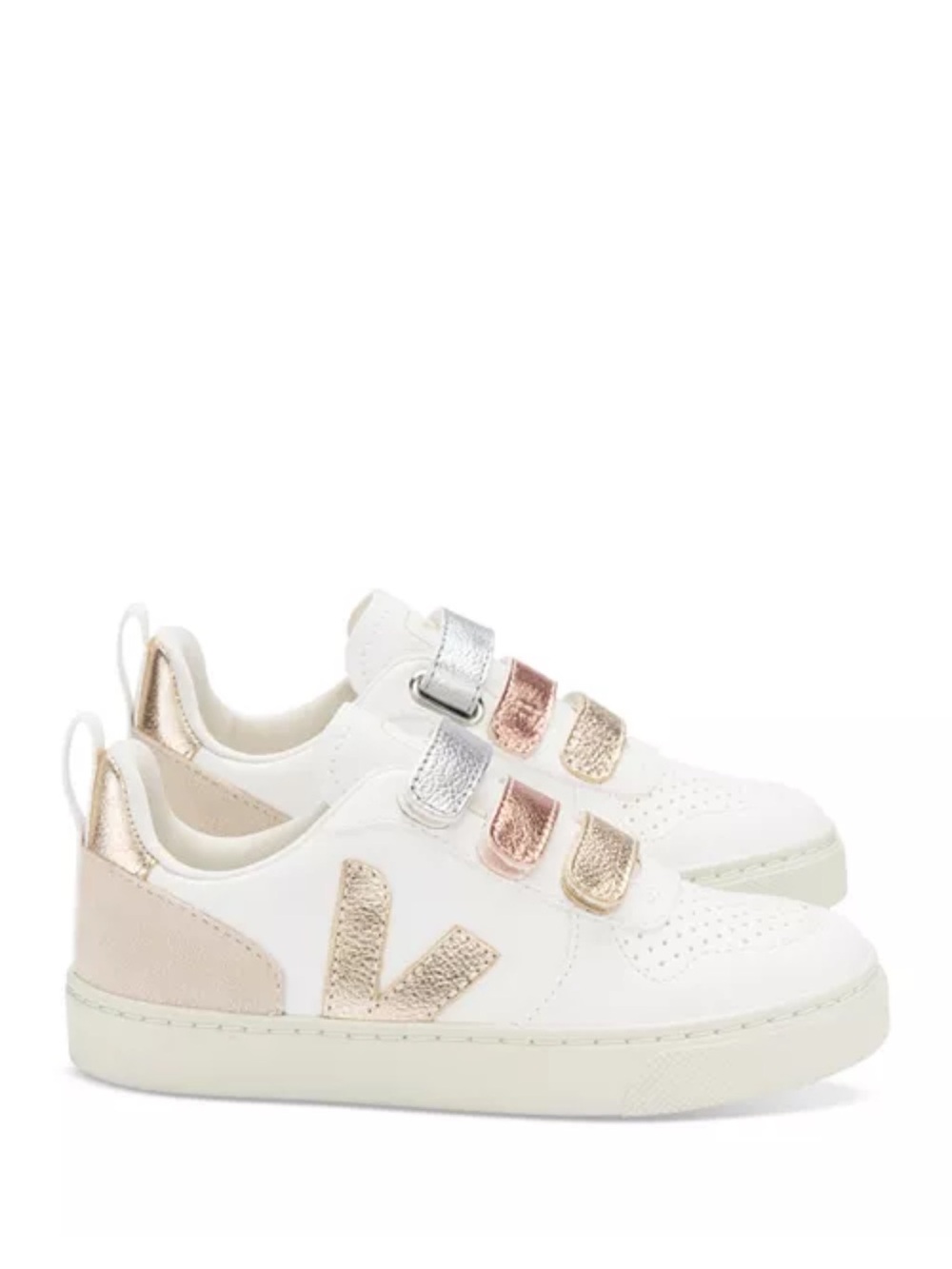 New Veja Kids White Sneakers with Rose Gold, Gold & Silver Straps